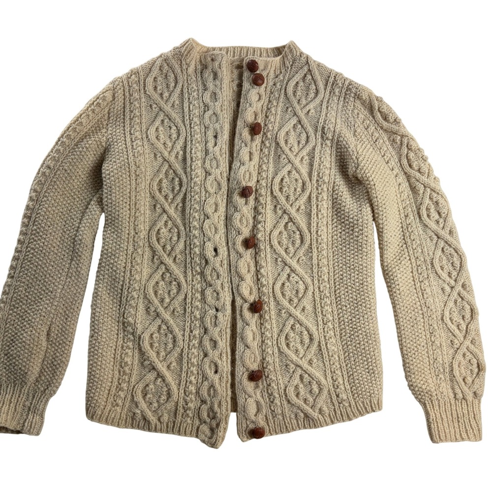 Hand Knit Aran Wool Cardigan Cream Cable Fisherman Sweater Leather Buttons